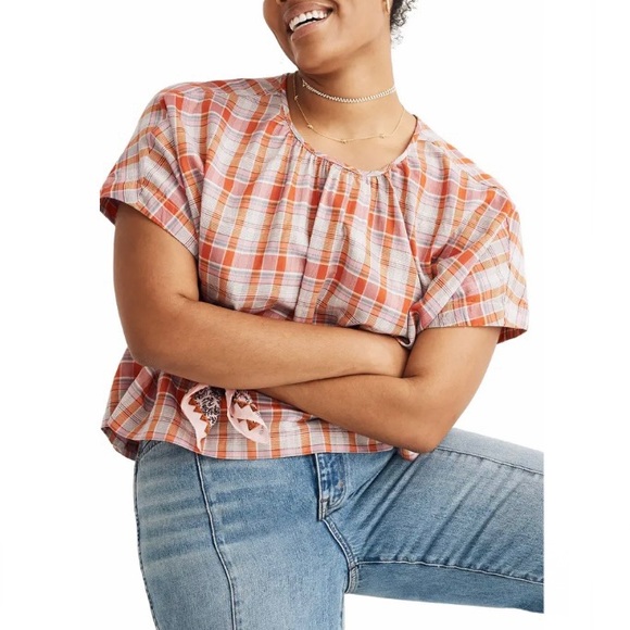 Madewell Tops - Madewell Plaid Shirred Neck Boxy Top June Hero Red